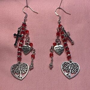 925 Silver Earring Hooks, Heart and Cross Charms, Red Glass Earrings, Handmade